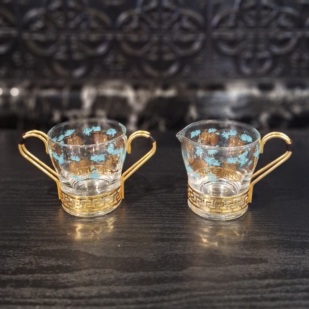 1960's Turquoise Pincone Libbey Glass Cream And Sugar Dishes, Retro Kitchen